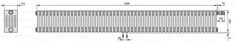 Схема (чертеж) Радиатор Zehnder Charleston 5035/51 №V008 Белый глянцевый RAL 9016